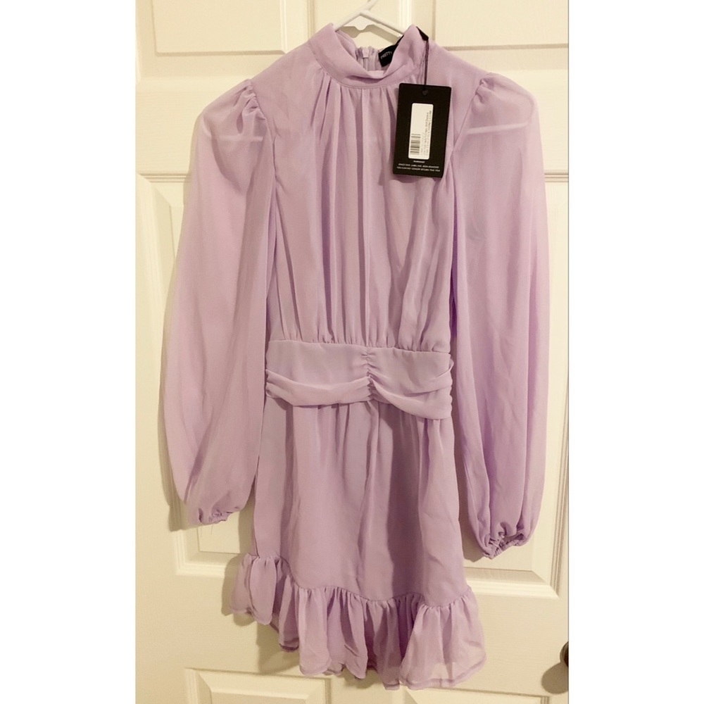 PrettyLittleThing Lilac High Neck Frill Hem Dress - Picture 3 of 8